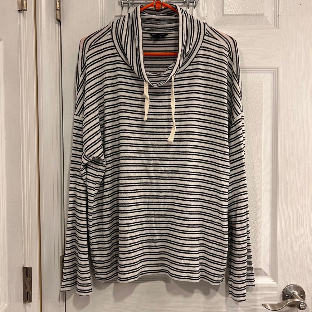 Lucky Brand Womens XL Black White Striped Cowl Neck Drawstring‎ Pullover Top